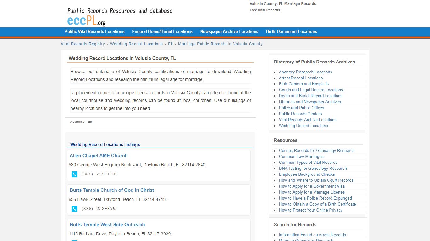 Volusia County, FL Marriage Records - Free Vital Records - EccPL.org
